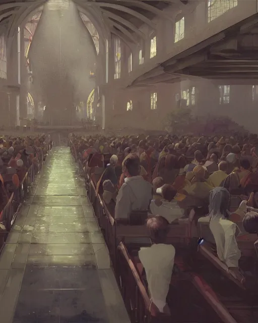 Image similar to craig mullins and ghibli digital matte art of a crowd in a futuristic church, priest, pews, ethereal, inviting, unreal engine, hyper realism, realistic shading, cinematic composition, realistic render, octane render, detailed textures, photorealistic, wide shot