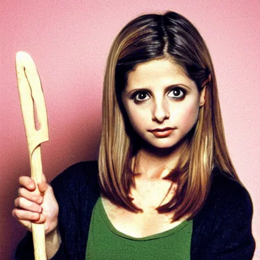 Image similar to sarah michelle gellar, buffy the vampire slayer, holding a stake, in the style of jo chen