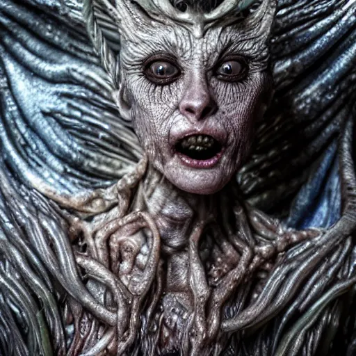 Image similar to photo taken of an epic intricate, ultra detailed, super realistic gritty, terrifying, lifelike sculpture of a nightmarish siren creature design created by weta workshop, zoomed in shots, photorealistic, sharp focus, white wall coloured workshop, cold colour temperture, f 0. 4, face centred