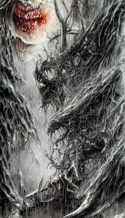 Image similar to a storm vortex made of many demonic eyes and teeth, by luis royo,