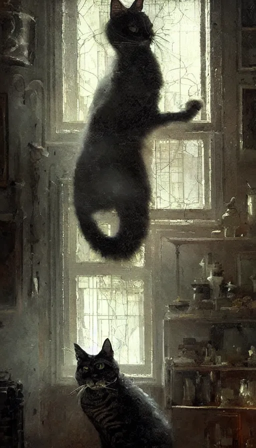 Image similar to a dramatic portrait of a cat inside a modern apartment, intricate oil painting, hyperdetailed, ethereal, cinematic, dramatic lighting, by jeremy mann and julius adam ii