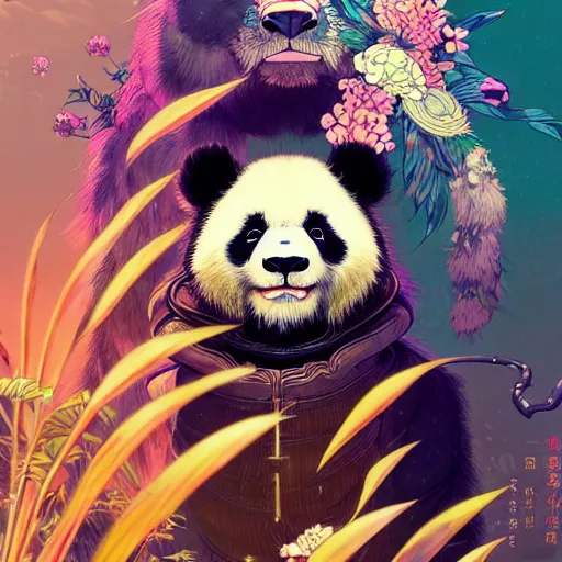 Image similar to a beautiful hyperdetailed character design 4 k wallpaper illustration of a cute panda with a chinese lion dance head victo ngai cyberpunk style, from china, style of studio ghibli, makoto shinkai, raphael lacoste, louis comfort tiffany, artgerm, james jean, ross tran, chinese style