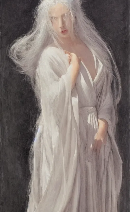 Image similar to thin angel with silver hair so pale and wan!, thin!, flowing robes, covered in robes, lone pale wan fair skinned goddess, wearing robes of silver, flowing, pale skin, young cute face, covered!!, clothed!! oil on canvas, style of lucien levy - dhurmer and jean deville, 4 k resolution, aesthetic!, mystery