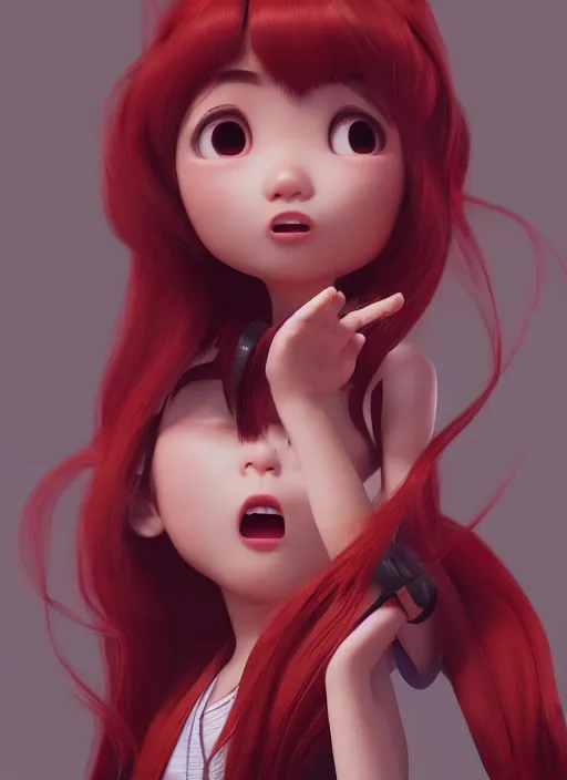 Prompt: a cute asian girl singing, flowing red hair in the style of pixar animation, mid-shot, award winning, hyper detailed, studio lighting, artstation, octane renderer, unreal engine