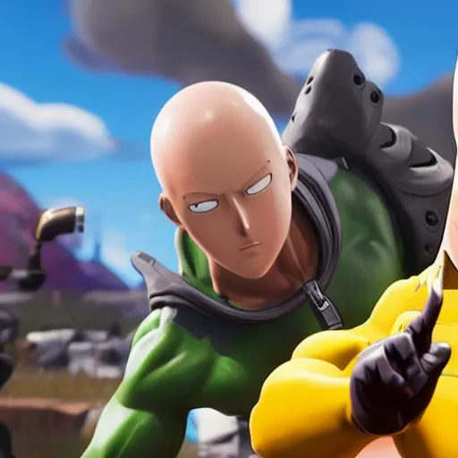 Image similar to one punch man in fortnite, character render, full body shot, highly detailed, in game render