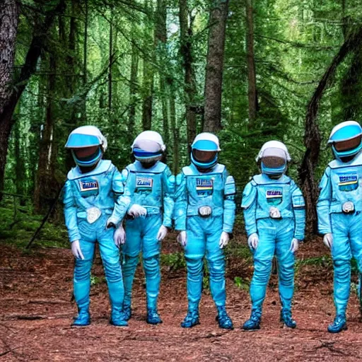 Image similar to a squad of space scouts wearing cyan camo uniforms with white armor and helmets exploring a forest planet