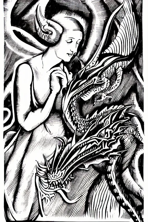 Prompt: art deco woman killing a dragon art by james o barr and albrecht durer, surreal woodblock print, black and white, vector, vector art