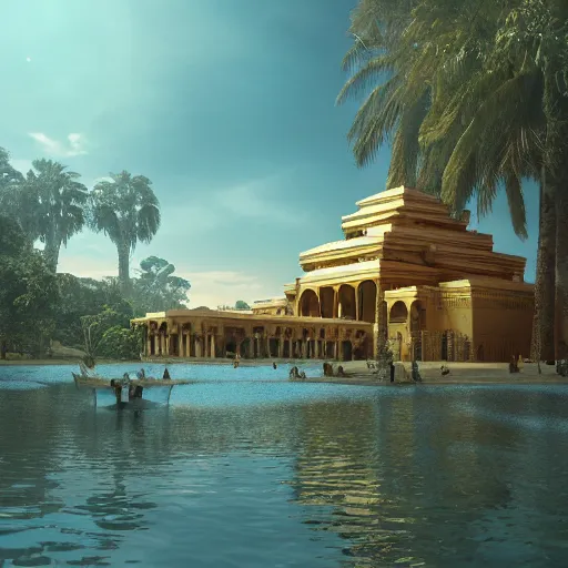 Prompt: an epic matte painting by weta digital, a massive temple, Theeb palace architecture on a lake in the lush jungle, lofi low contrast dark retro palette, hyper realistic octane render 4k, lens flare, light leaks, golden hour