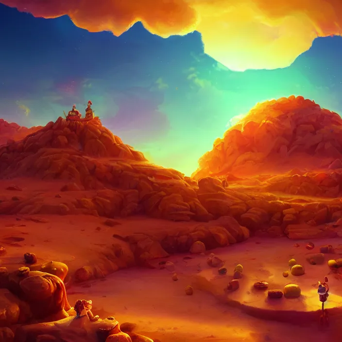 Image similar to desert made from icecream and candies, caramel colorful sun, luminescent sky, handsome, intricate, detailed, volumetric lighting, scenery, digital painting, highly detailed, artstation, sharp focus, illustration, 8 k, hyper realistic, magic world, cartoon