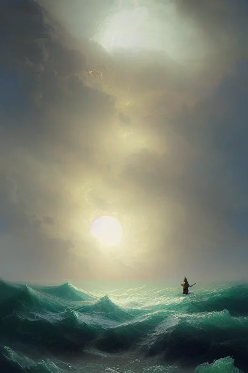 Image similar to A stunning detailed deity emerging from a stormy ocean by Ivan Aivazovsky, Peter Mohrbacher , Greg Rutkowski, digital painting, beautiful lighting, full moon, detailed swirling water tornado, artstation