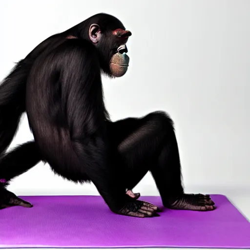 Image similar to photo of chimpanzee wearing yoga pants doing yoga in a yoga studio on a purple yoga mat, 5 0 mm, beautiful photo