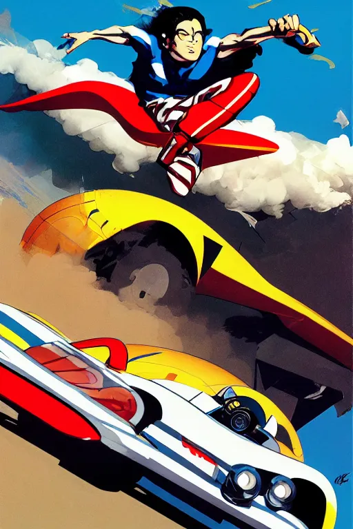Prompt: full page illustration speed racer Mach GoGoGo diving out of his car at high speed, by Katsuhiro Otomo, Phil hale, Ashley wood, Ilya repin, frank frazetta, 8k, hd, high resolution print