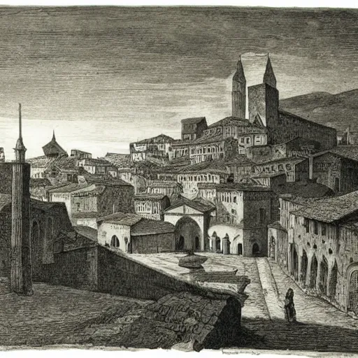 Prompt: medieval italian town landscape, gustave dore lithography