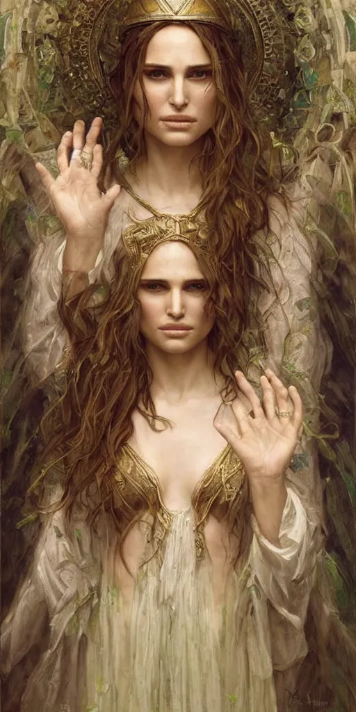 Prompt: epic masterpiece portrait of priestess played by natalie portman, followed by head with many souls, beautiful face and flawless skin, perfect hands, emeralds by Edgar Maxence and Ross Tran and Michael Whelan