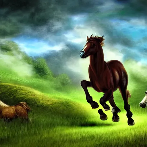 Image similar to brown centaur running through lush green fields, fantasy art