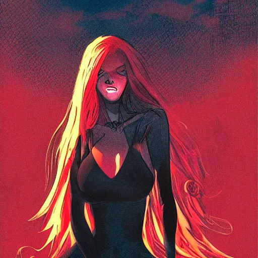 Image similar to a beautiful comic book illustration of a vampire woman with long red hair laying near a lake at night by Alex Maleev, featured on artstation