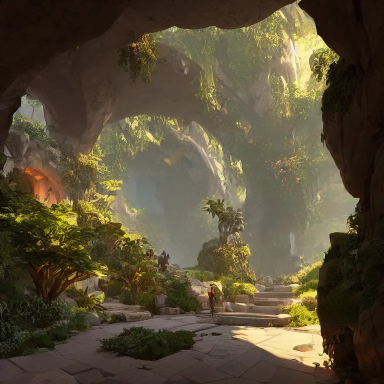 Image similar to arc hallway for secret overwatch living quarters carved inside a cave surrounding a lush garden, trimmed, magical, natural light, clean lines, cozy, fantasy, minimalist architecture, sharp focus, concept art, by greg rutkowski and craig mullins,, octane render 8 k