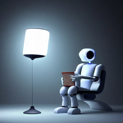 Image similar to futuristic lonely matte gray and glossy white and translucent blue humanoid robot with huge comically sad OLED eyes and open rectangular mouth sits facing to the left, reading a hardbound leather book on a large comfortable cushioned midcentury chair. Cinematic Lighting, Cinematic Movie Photograph, Arri Alexa, Extremely Detailed, smooth, very very clean, simple, 8K, octane render, maya render, unreal engine, trending on artstation, DSLR