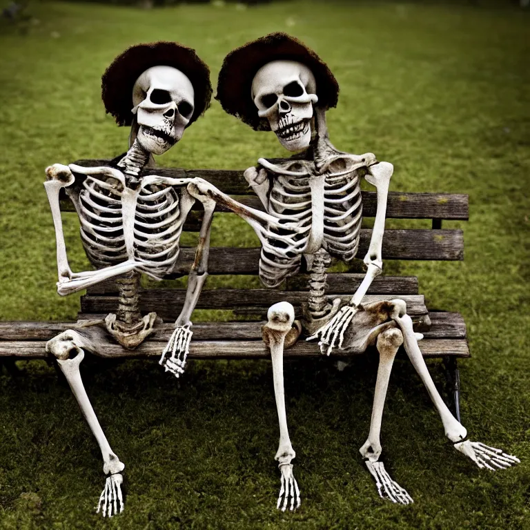 Prompt: decayed old romantic pair of skeletons, sitting on a park bench, holding their hands kissing, partially covered with dust and moss, cinematic lighting, photorealistic image, 8k, ultra detailed, high resolution, artstation