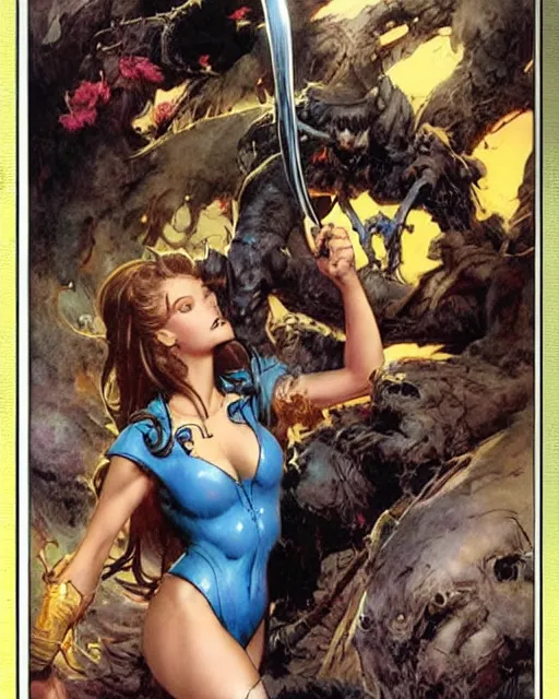 Image similar to a cute fantasy girl by frank frazetta, larry elmore, jeff easley and ross tran