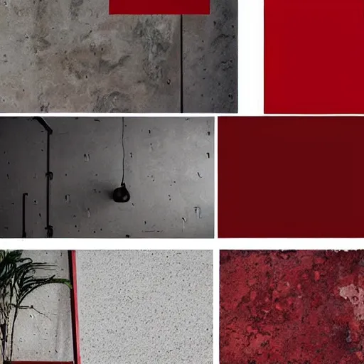 Image similar to material mood board combining concrete, red painted metal, aged oak, plants, dark grey carpet, collage, architectural finishes, pinterest, trendy, expressive, warm, eye catching, interior design, industrial design, samples, paint, carpet, wood, plants