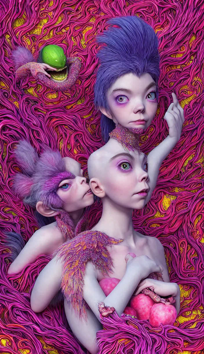 Image similar to hyper detailed 3d render like a Oil painting - kawaii portrait of two Aurora (a beautiful skeksis muppet fae princess protective playful from dark crystal that looks like Anya Taylor-Joy) seen red carpet photoshoot in UVIVF posing in scaly dress to Eat of the Strangling network of yellowcake aerochrome and milky Fruit and His delicate Hands hold of gossamer polyp blossoms bring iridescent fungal flowers whose spores black the foolish stars by Jacek Yerka, Ilya Kuvshinov, Mariusz Lewandowski, Houdini algorithmic generative render, Abstract brush strokes, Masterpiece, Edward Hopper and James Gilleard, Zdzislaw Beksinski, Mark Ryden, Wolfgang Lettl, hints of Yayoi Kasuma and Dr. Seuss, octane render, 8k