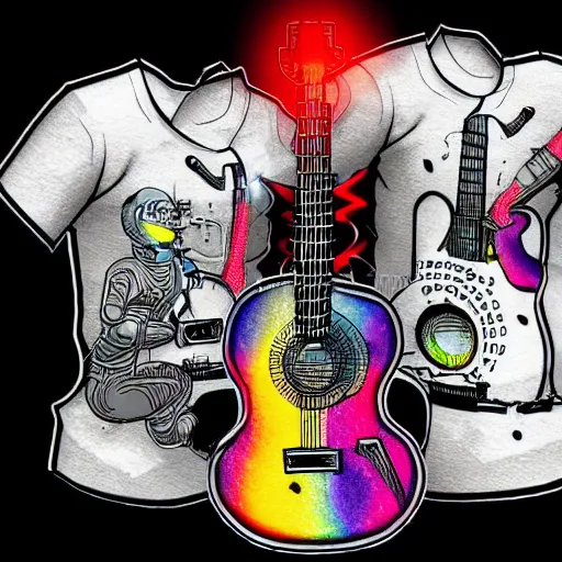 Image similar to tshirt print of a 3 dieselpunk robots playing guitar, text robos rock, 8 k, flourescent colors, halluzinogenic, multicolored, exaggerated detailed, front shot, 3 d render, octane