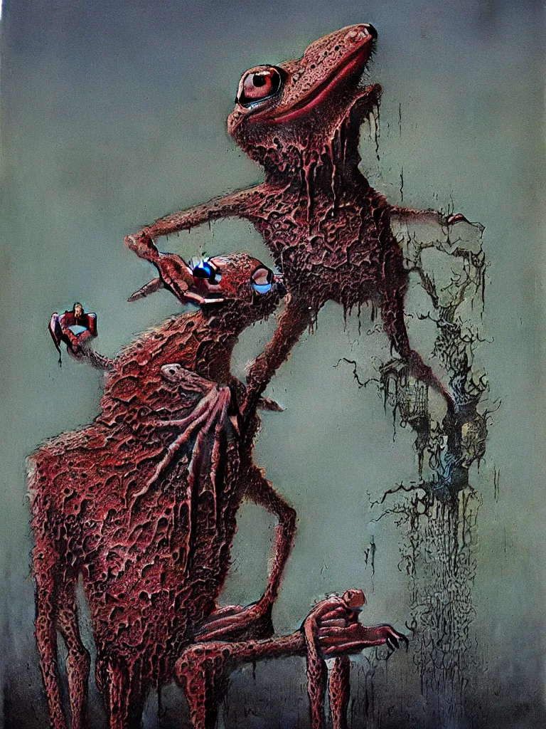 Prompt: bloody Kermit the frog megalophobia by Beksinski, detailed