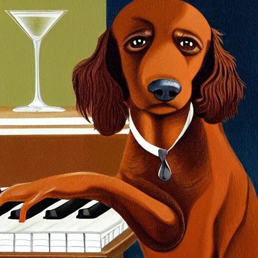 Image similar to a brown spaniel with a white chest playing a piano, Martini on the side. Artwork adult swim style, no text