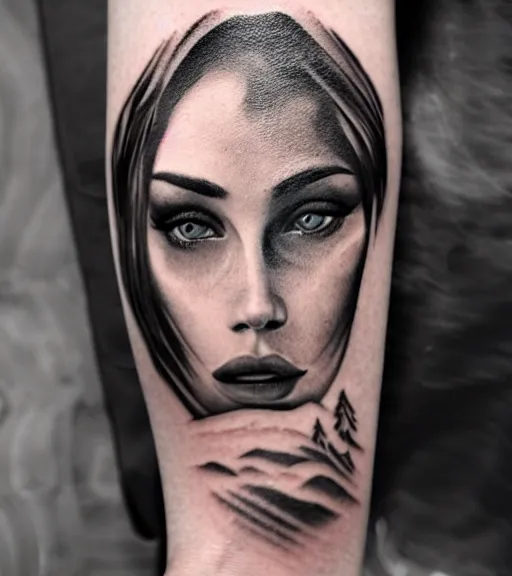 Prompt: tattoo design sketch of a beautiful woman face with a faded background of beautiful mountains and nature on her left side, hyper - realistic, in the style of den yakovlev, amazing detail, black and white