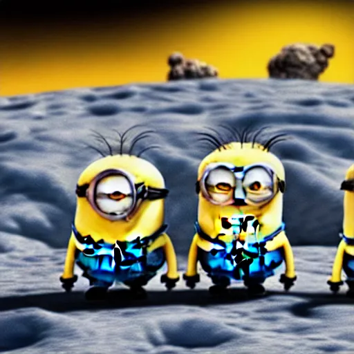 Prompt: macro photo of minions on the moon, cartoon image from movie