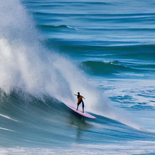 Prompt: Photograph of a zen monk surfing a giant wave on a summer day, natural light, telephoto lens, 4k image, Canon EOS