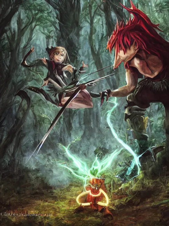 Prompt: magician fighting a final fantasy monster in a forest, fantasy, magical lights, detail,