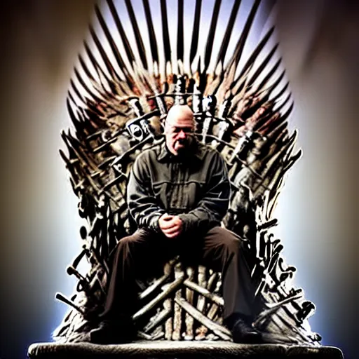 Image similar to “Very photorealistic photo of Walter White sitting on the Iron Throne from Game of Thrones, award-winning details”