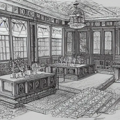 Image similar to annotated highly, detailed and intricate, sketch of a lodge room full of spring plants, marker concept art style rendering, concept art, half blueprint, trending on artstation, intricate details, center frame, annotations