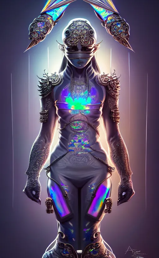 Image similar to iridescent opal cyborg ninja warrior, intricate ornate details, morandi color scheme, hd, illustration, epic, d & d, fantasy, intricate, elegant, highly detailed, wide angle, digital painting, artstation, concept art, smooth, sharp focus, illustration, wallpaper, art by artgerm and greg rutkowski and alphonse mucha and jin xiaodi