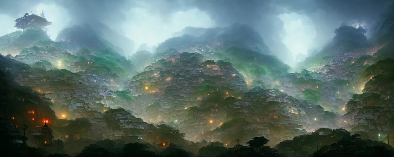 Image similar to cloud forest favelas by peter mohrbacher and craig mullins and james jean and marc simonetti