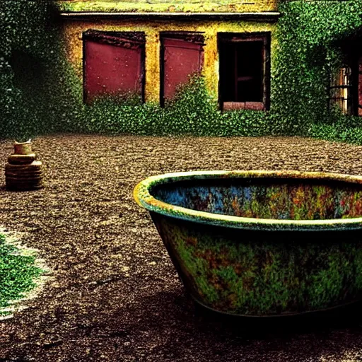 Image similar to hyperrealism photography computer simulation visualisation of parallel universe detailed old rusty bath in the detailed ukrainian village garden in dramatic scene from art house futuristic movie by caravaggio and alejandro jodorowsky