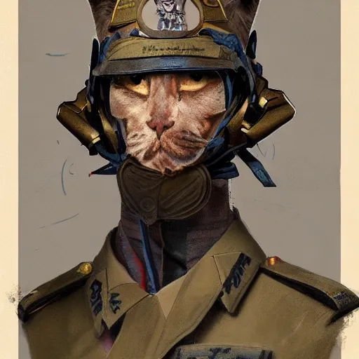 Image similar to Portrait figure study ripped physique kitty cat general camouflaged as a kitty cat man wearing a military officer uniform jean helion greg rutkowski Dan Witz norman rockwell victo ngai