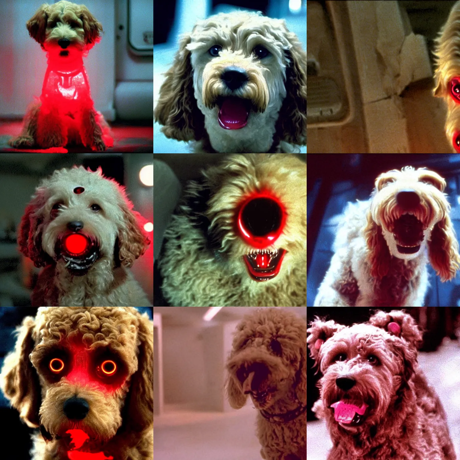 Prompt: a vicious snarling goldendoodle with red glowing eyes, Still from Alien (1979)