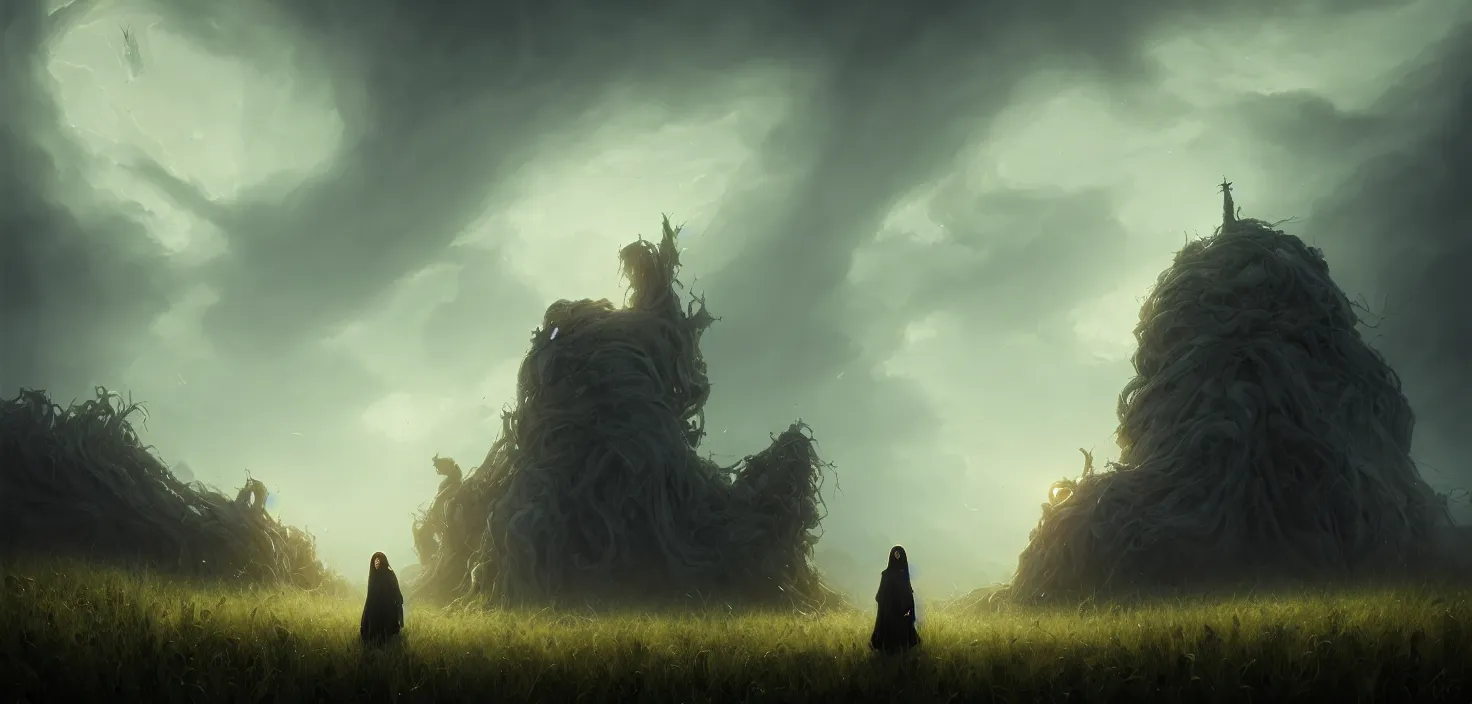 Prompt: portrait of a terrible mad witch, the ghost of an old woman, cinematic view, epic sky, detailed, concept art, low angle, high detail, warm lighting, volumetric, godrays, vivid, beautiful, trending on artstation, by jordan grimmer, huge scene, grass, art greg rutkowski