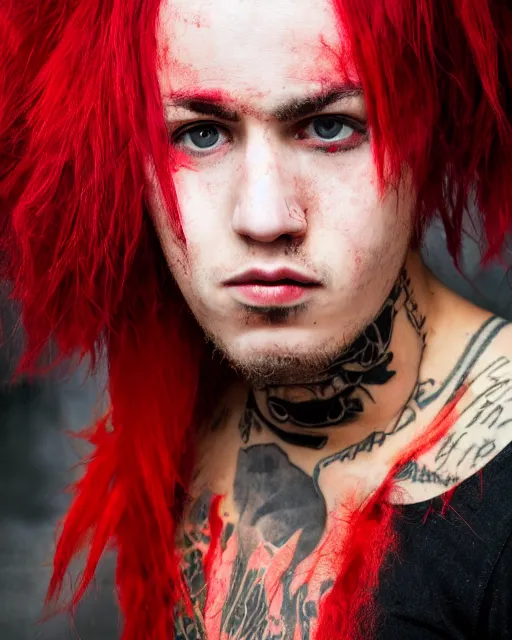Image similar to young man with a red dyed mohawk, dressed in punk clothing, punk style, crustpunk, portrait photo