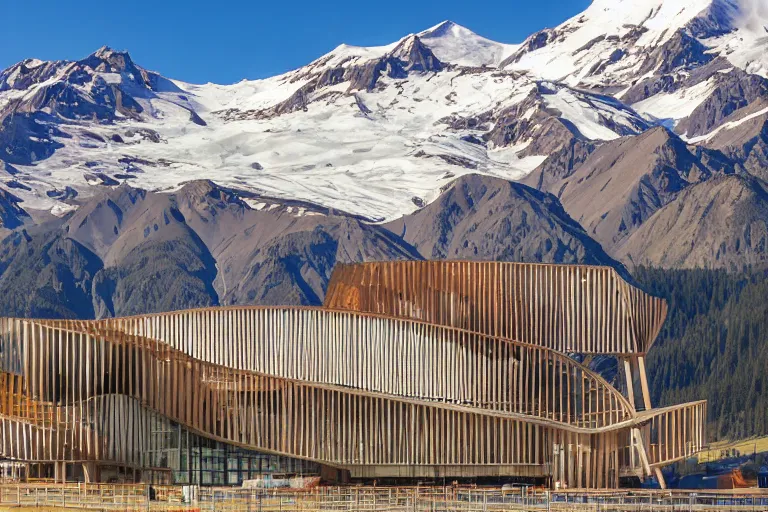 Prompt: architecture photo modern wooden fachwerk giant opera building settlement with Elbrus mountain on the background, architecture, photorealism 8k , shining and happy atmosphere, uplight, high details