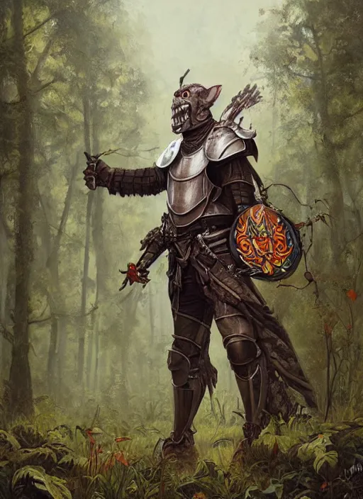 Image similar to a portrait painting of a grim male orc wearing plate armor on a beautiful lush forest meadow, morning, art by Tristan Eaton, Stanley Artgerm, Tom Bagshaw, Greg Rutkowski, Carne Griffiths