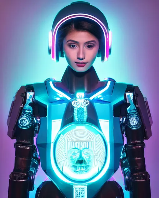 Image similar to centered medium shot fine studio photograph of a young woman wearing only a synthwave mecha Mayan helmet with bright lights, designed by Efrain Recinos, ultra-realistic, white background, 8k HDR, intricate