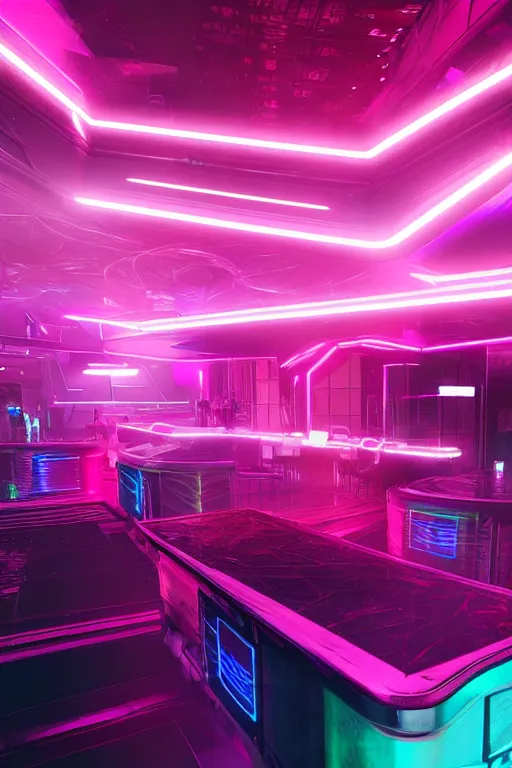 Image similar to cyberpunk synthwave nightclub interior, pink neon lights, futuristic, cgsociety, in the style of artstation