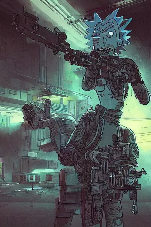 Image similar to Rick and morty. blackops mercenary in near future tactical gear, stealth suit, and cyberpunk headset. Blade Runner 2049. concept art by James Gurney and Mœbius.