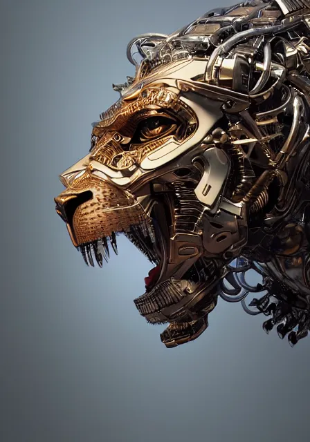 Image similar to complex 3 d render hyper detail portrait of a mechanical lion human cyborg, tooth wu, sci fi, full body, intricate, art by kazuhiko nakamura and hajime sorayama and greg rutkowski, 8 k octane detailed render, post - processing, intricate futuristic mechanic parts, maya, sharp focus, blender, cinematic lighting + masterpiece, trending on artstation