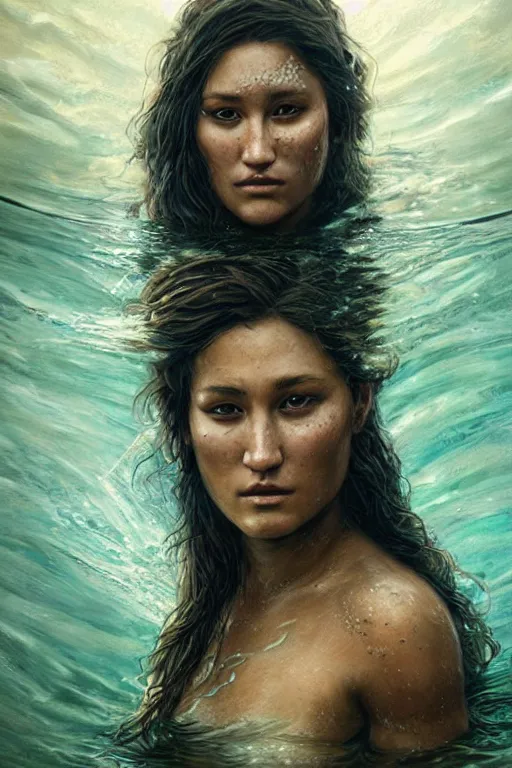 Image similar to a beautiful portrait of q'orianka kilcher as a mermaid in a river of the amazon, hyper realistic face, beautiful eyes, fantasy art, in the style of greg rutkowski, intricate, hyper detailed, smooth