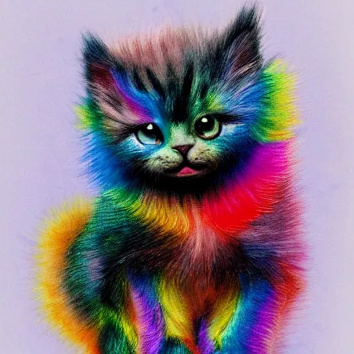 Image similar to wide angle full body, of a fluffy cute rainbow kitten wearing a black leather motorcycle jacket, concept art